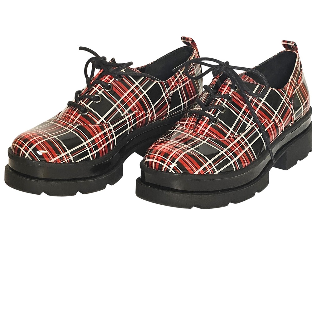Jessica Simpson Red Plaid Patent Platform Oxfords W6 Lug Sole Lace Up Shoes